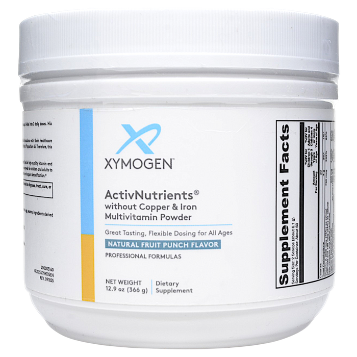 Xymogen ActivNutrients without Copper & Iron Multivitamin Powder Fruit Punch, 60 servings, front of canister