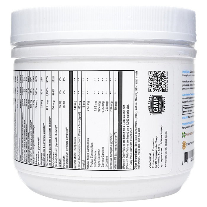 Xymogen ActivNutrients without Copper & Iron Multivitamin Powder Fruit Punch 60 servings supplement facts label, continued