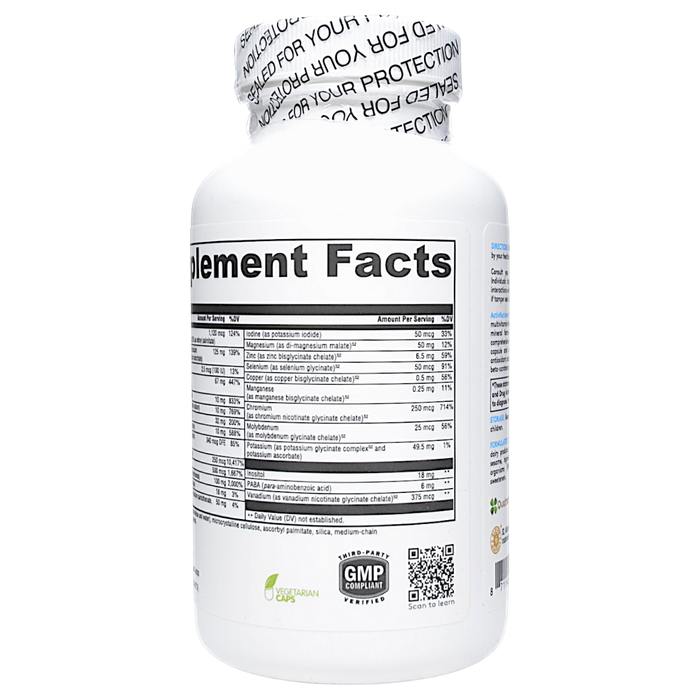 Xymogen ActivNutrients without Iron 120 capsules supplement facts label, continued