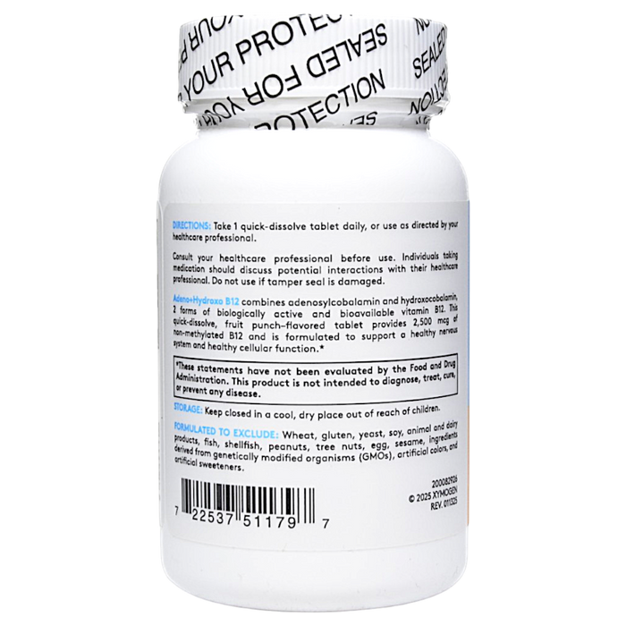 Xymogen Adeno+Hydroxo B12 Natural Fruit Punch 60 tablets directions label