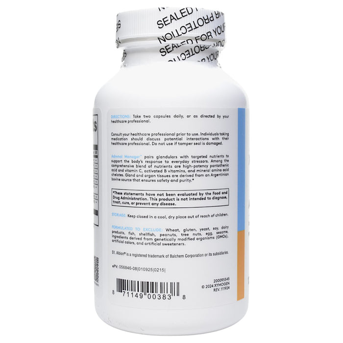 Xymogen Adrenal Manager 120 capsules directions label