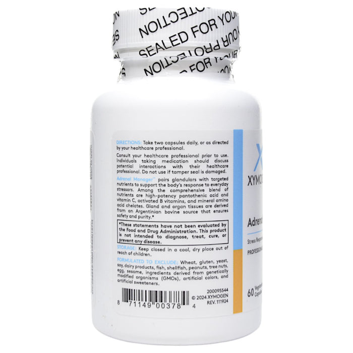 Xymogen Adrenal Manager 60 capsules directions label