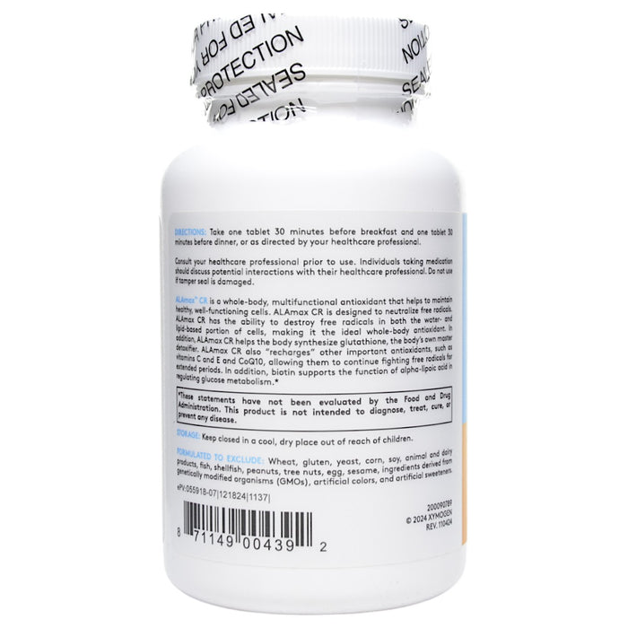 Xymogen ALAmax CR 600 mg 120 tablets directions label