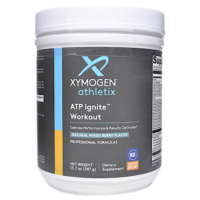 Xymogen ATP Ignite Workout Mixed Berry powder, 30 servings, front of canister