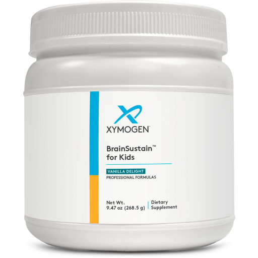 Xymogen BrainSustain for Kids Vanilla Delight powder, 15 servings, front of canister