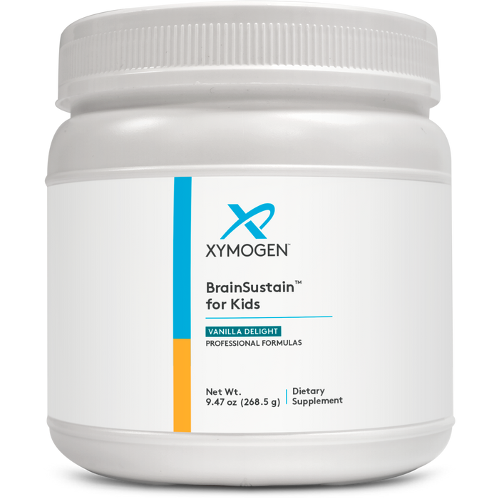 Xymogen BrainSustain for Kids Vanilla Delight powder, 15 servings, front of canister
