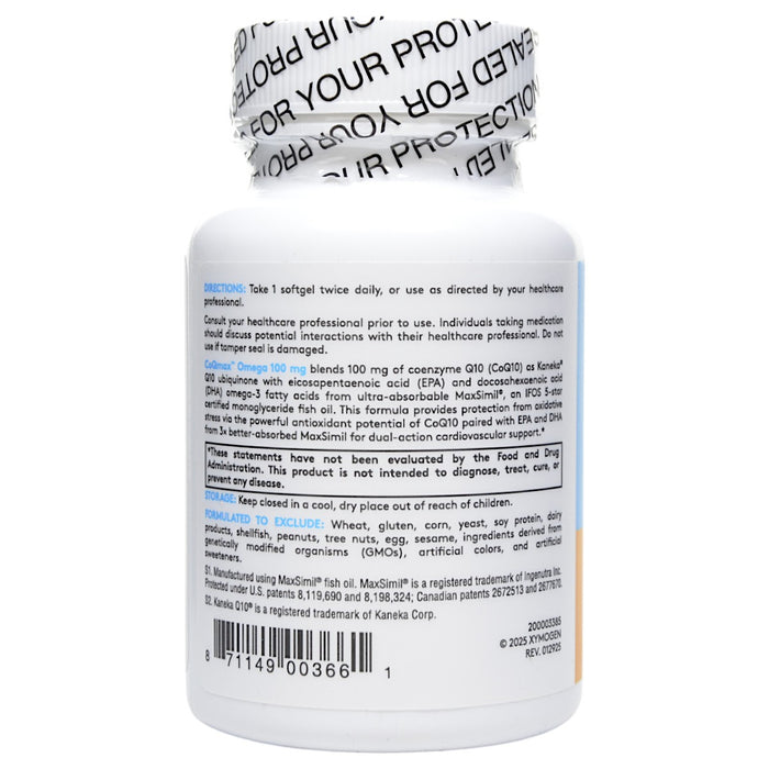 Xymogen CoQmax Omega 100 mg 60 softgels directions label