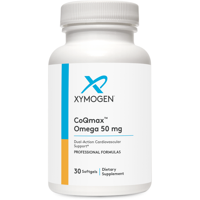 Xymogen CoQmax Omega 50 mg, 30 softgels, front of bottle