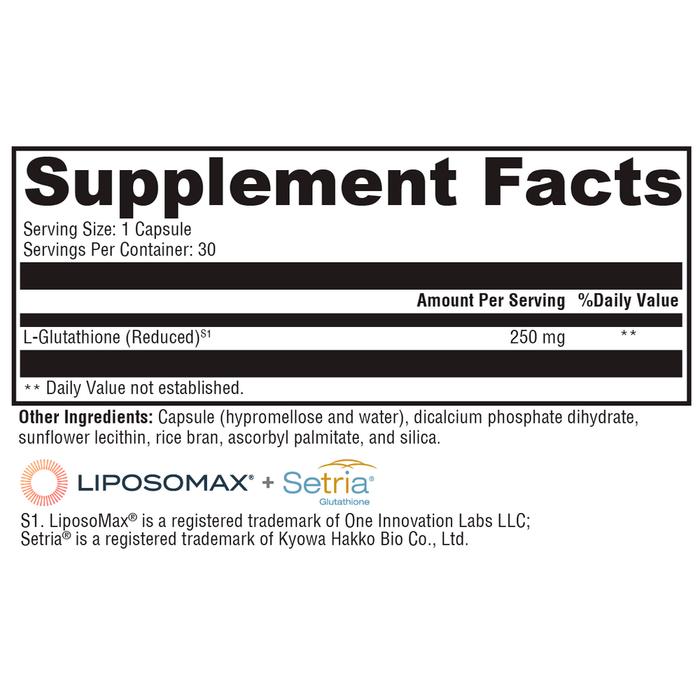 Xymogen Liposomal Glutathione 30 capsules supplement facts label