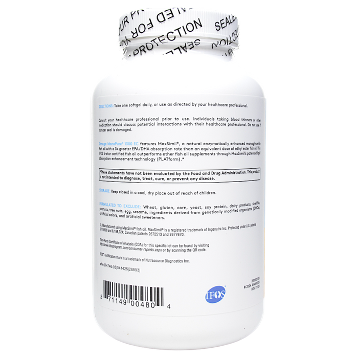 Xymogen Omega MonoPure 1300 EC 120 softgels directions label