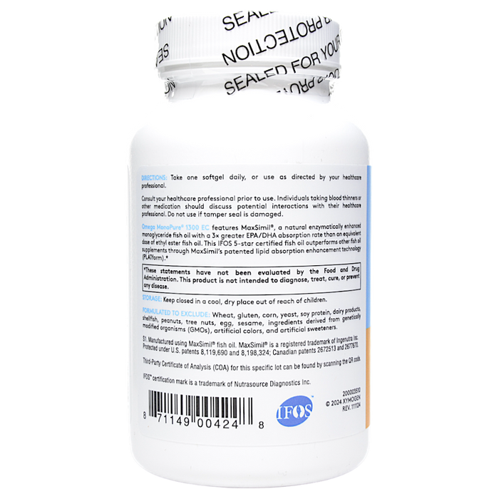 Xymogen Omega MonoPure 1300 EC 60 softgels directions label