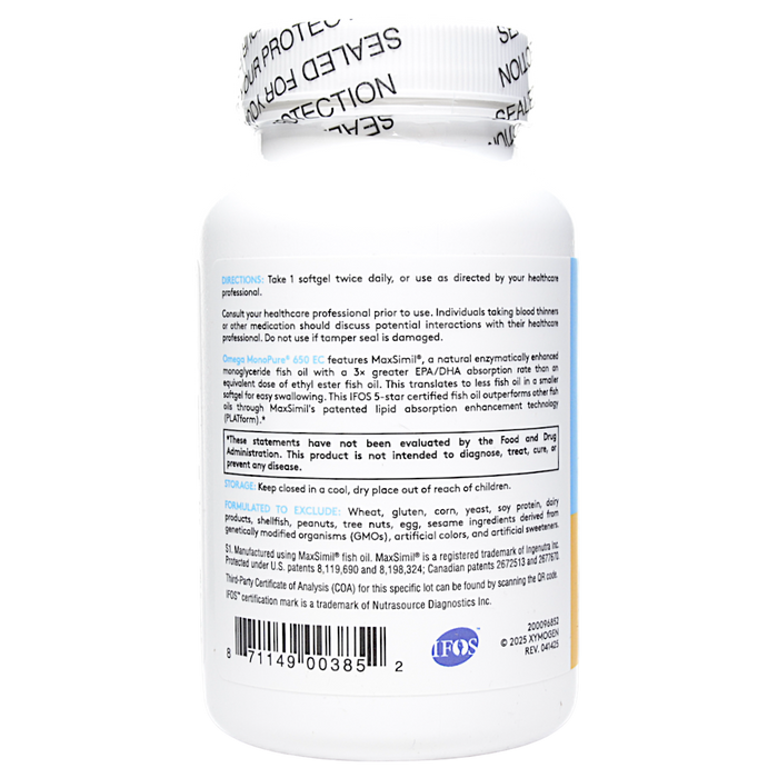 Xymogen Omega MonoPure 650 EC 120 softgels directions label