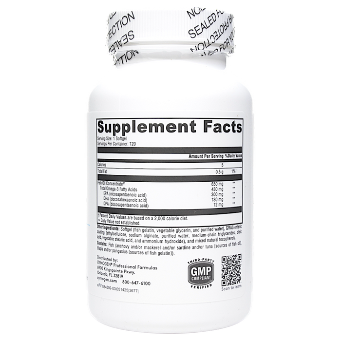 Xymogen Omega MonoPure 650 EC 120 softgels supplement facts label