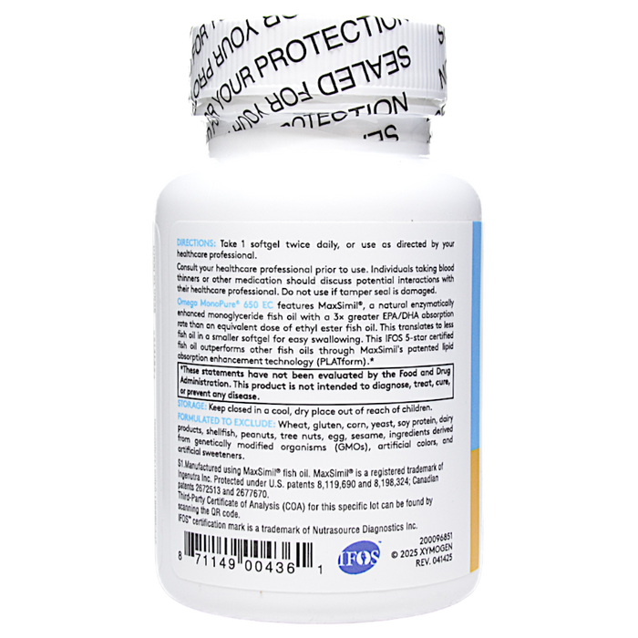 Xymogen Omega MonoPure 650 EC 60 softgels directions label