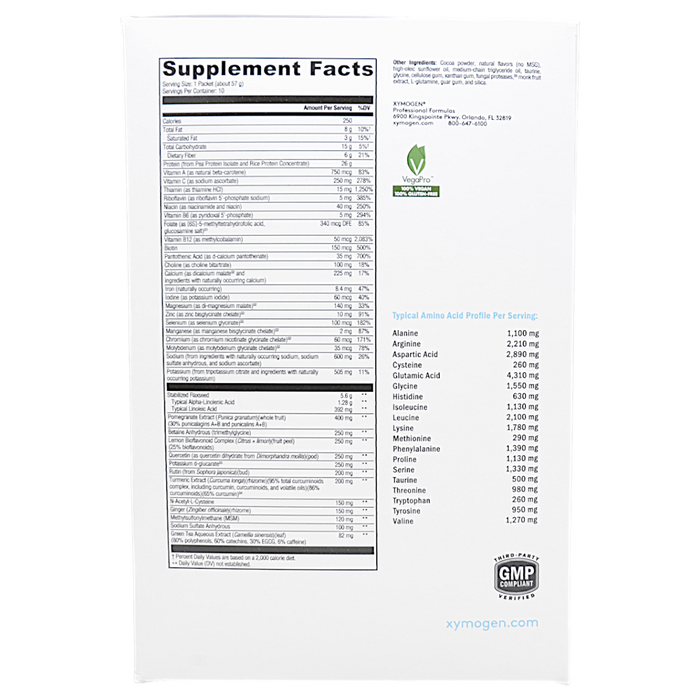 Xymogen OptiCleanse GHI Creamy Chocolate (Sugar- & Stevia-Free) 10 servings supplement facts label