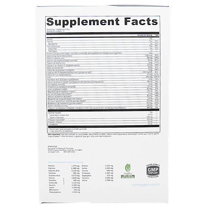 Xymogen OptiCleanse Plus (No Added Sugar, No Stevia) Creamy Chocolate 10 servings supplement facts label