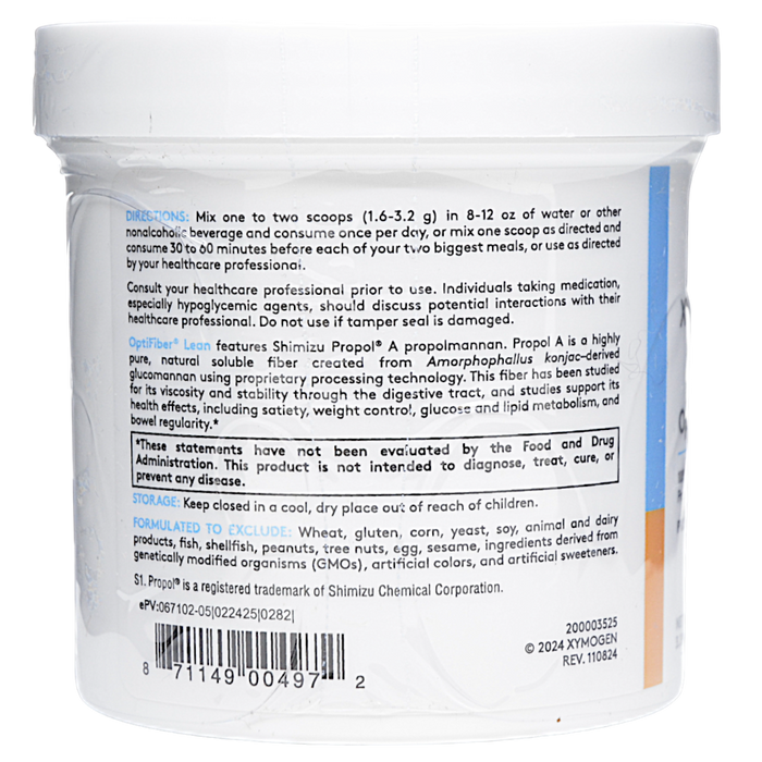 Xymogen OptiFiber Lean powder 30 servings directions label