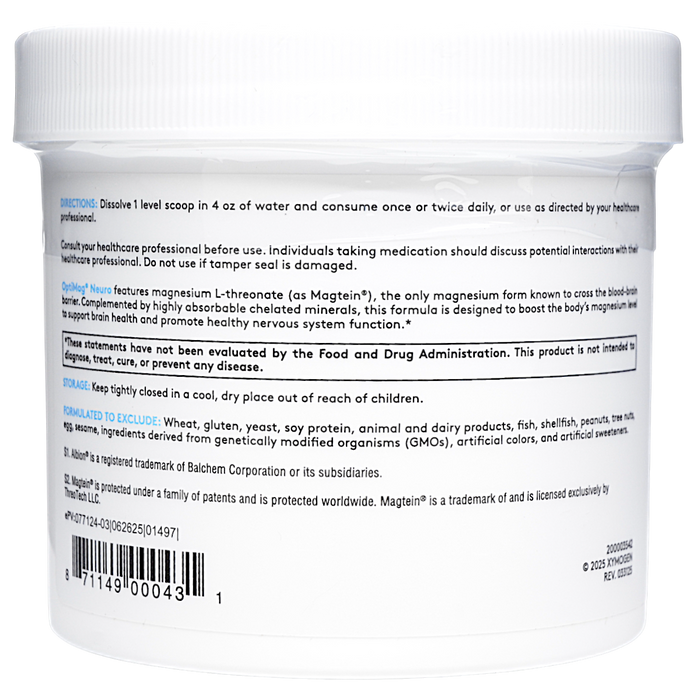 Xymogen OptiMag Neuro Lemon-Lime powder 60 servings directions label