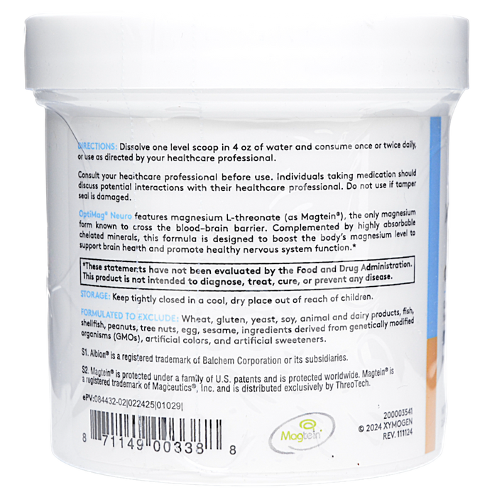 Xymogen OptiMag Neuro Mixed Berry powder 30 servings directions label