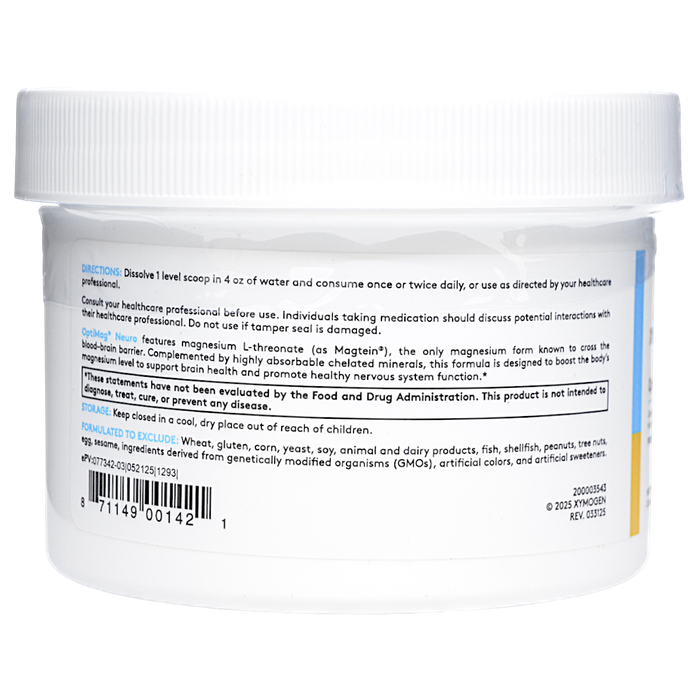 Xymogen OptiMag Neuro Unflavored powder 60 servings directions label
