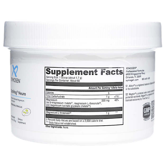 Xymogen OptiMag Neuro Unflavored powder 60 servings supplement facts label