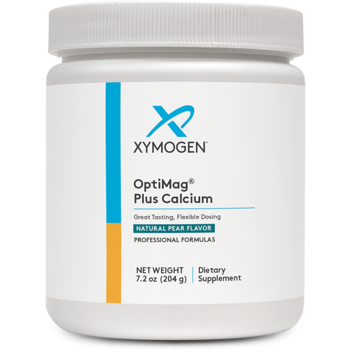 Xymogen OptiMag Plus Calcium Pear powder, 30 servings, front of canister