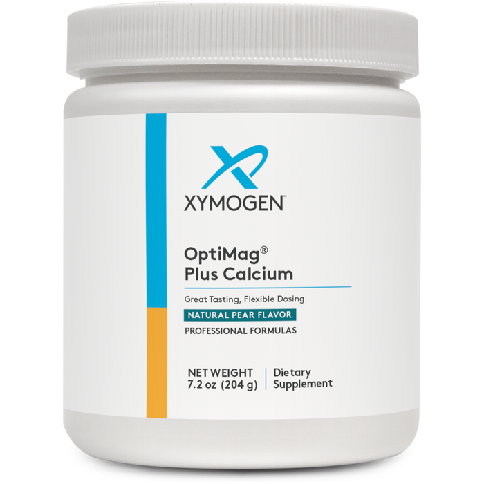 Xymogen OptiMag Plus Calcium Pear powder, 30 servings, front of canister