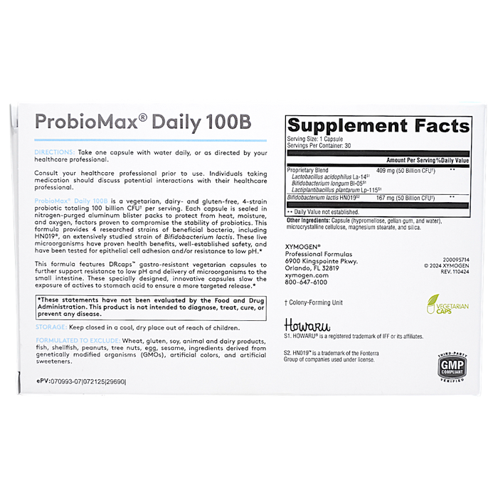 Xymogen ProbioMax Daily 100B 30 capsules supplement facts label
