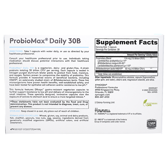 Xymogen ProbioMax Daily 30B 30 capsules supplement facts label