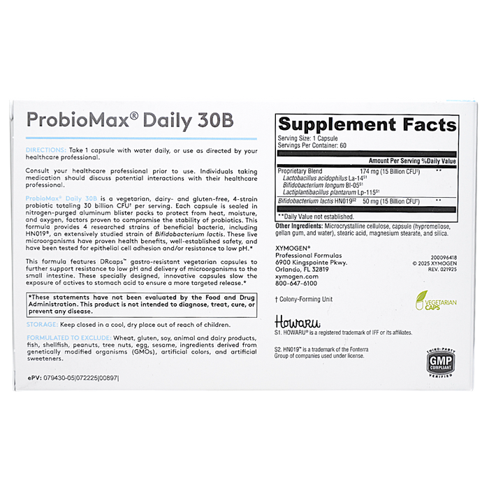 Xymogen ProbioMax Daily 30B 60 capsules supplement facts label