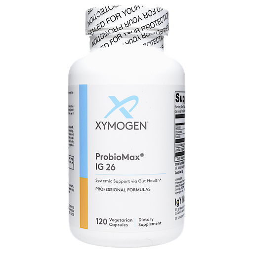 Xymogen ProbioMax IG 26 DF, 120 capsules, front of bottle