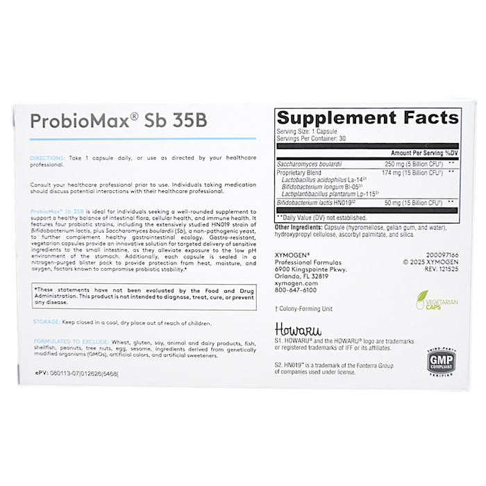 Xymogen ProbioMax Sb 35B 30 capsules supplement facts label