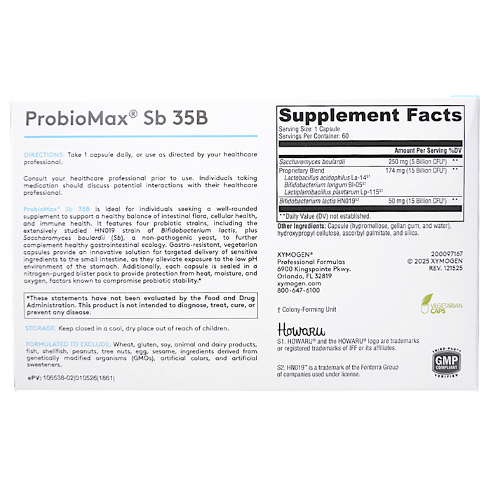 Xymogen ProbioMax Sb 35B 60 capsules supplement facts label