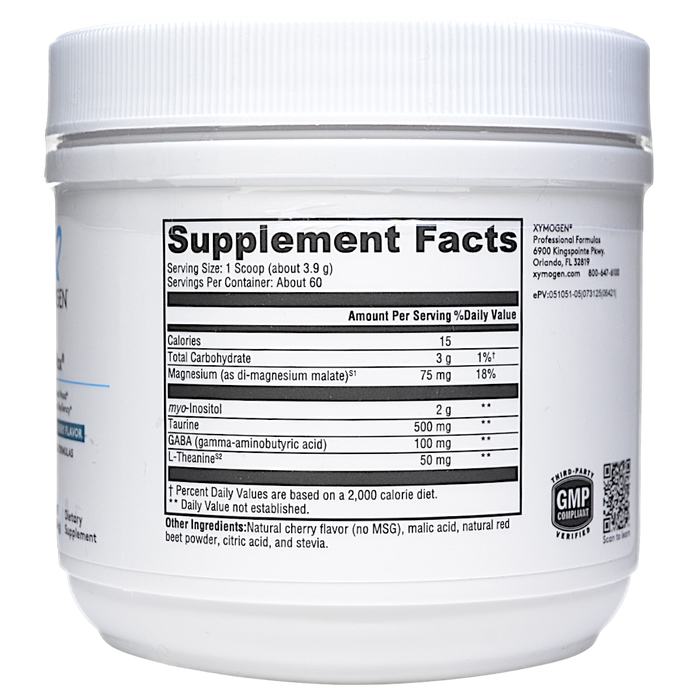 Xymogen RelaxMax Cherry powder 60 servings supplement facts label