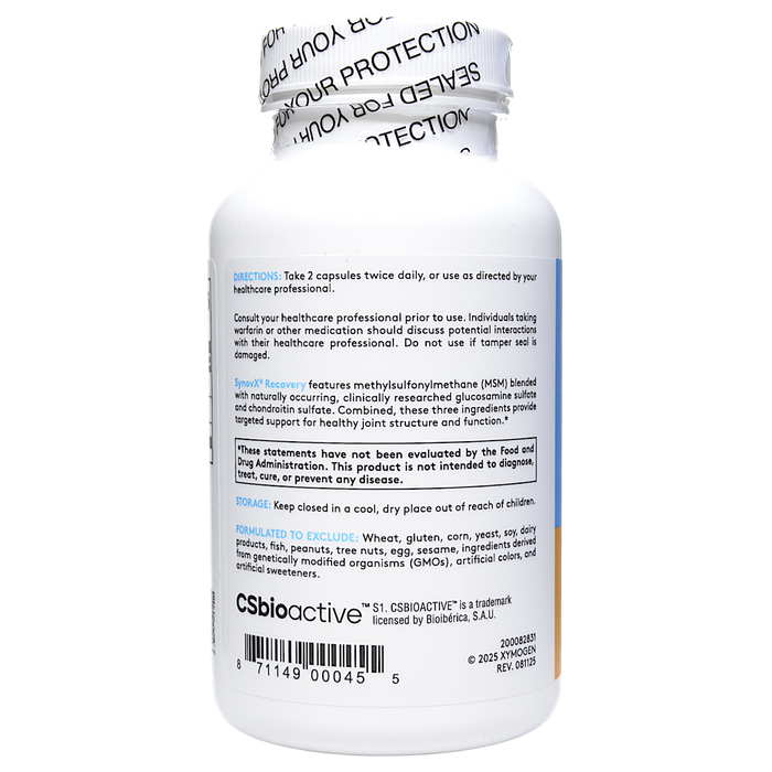 Xymogen SynovX Recovery 120 capsules directions label