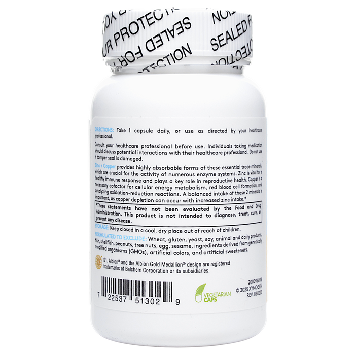 Xymogen Zinc + Copper 60 capsules directions label