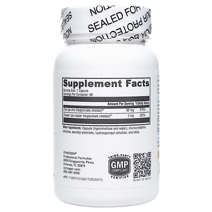 Xymogen Zinc + Copper 60 capsules supplement facts label