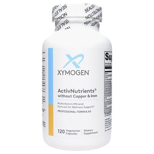 Bottle of Xymogen's ActivNutrients without Copper & Iron 120 capsules on a white background