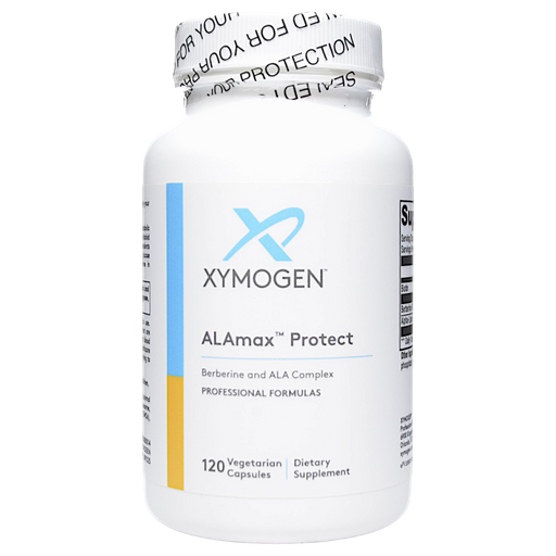 Bottle of Xymogen's ALAmax Protect 120 capsules on a white background