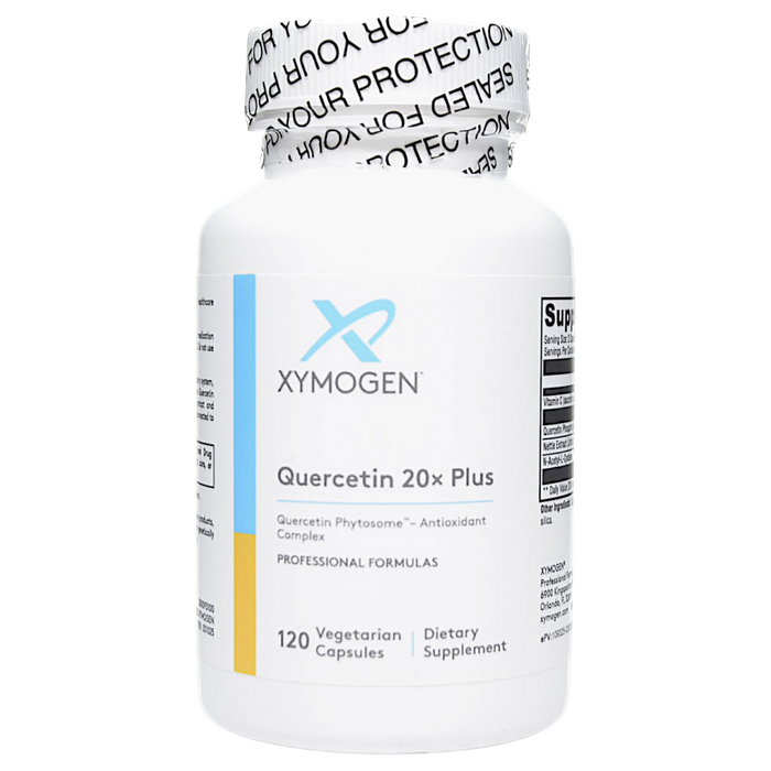 Bottle of Xymogen's Quercetin 20x Plus 120 capsules on a white background