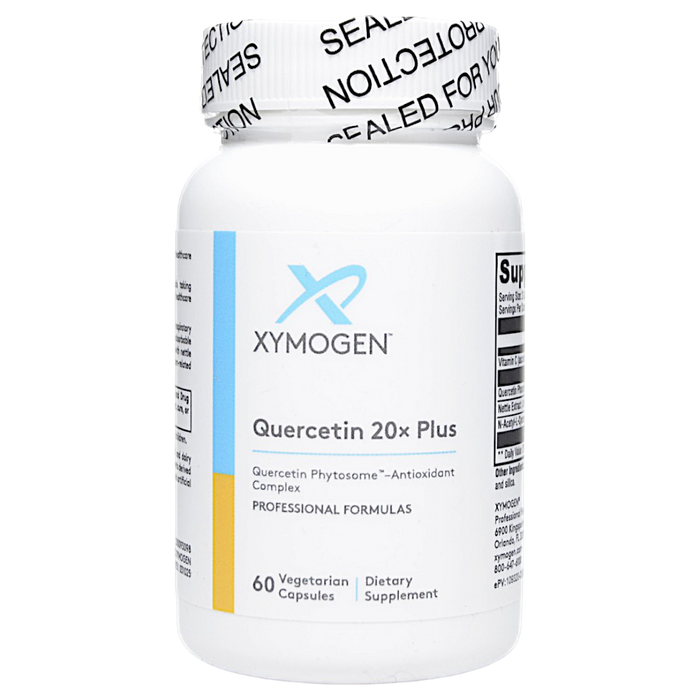 Bottle of Xymogen's Quercetin 20x Plus 60 capsules on a white background