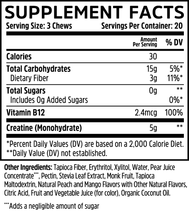 ZHOU Nutrition Creatine Chews Peach Mango 60 chews supplement facts label