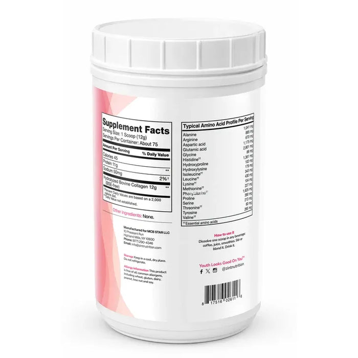 Zint Nutrition Collagen Peptides Unflavored 10 oz supplement facts label