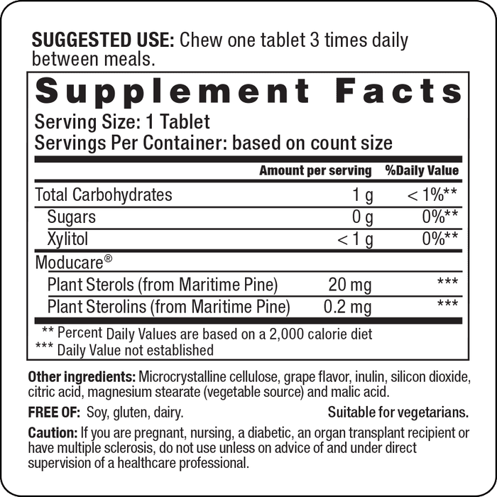 Moducare Grape Chewable Tablets by Wakunaga Supplement Facts Label