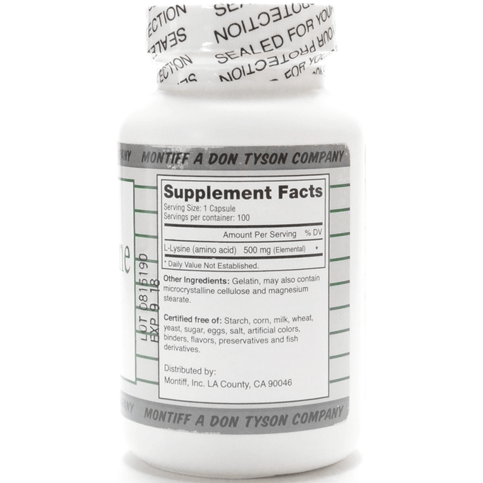 Montiff, Pure L-Lysine 500 mg 100 capsules Supplement Facts