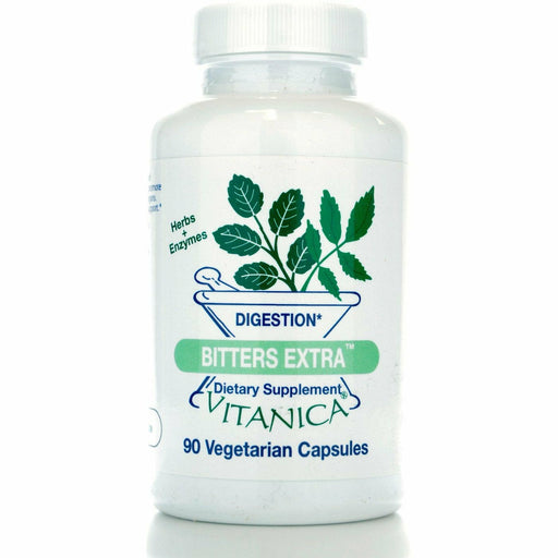 A bottle of Vitanica Bitters Extra dietary supplement with 90 vegetarian capsules, labeled for digestion support.