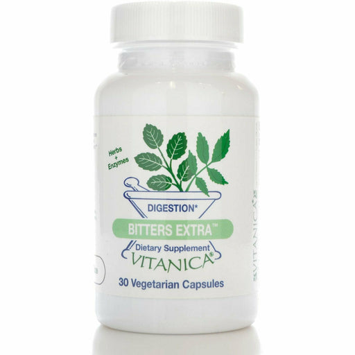 A bottle of Vitanica Bitters Extra dietary supplement with 30 vegetarian capsules, labeled for digestion support.