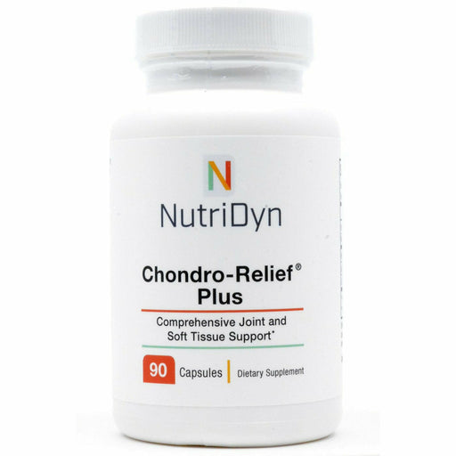 A bottle of Nutri-Dyn Chondro-Relief Plus dietary supplement with 90 capsules, primarily white in color with company branding and product information.