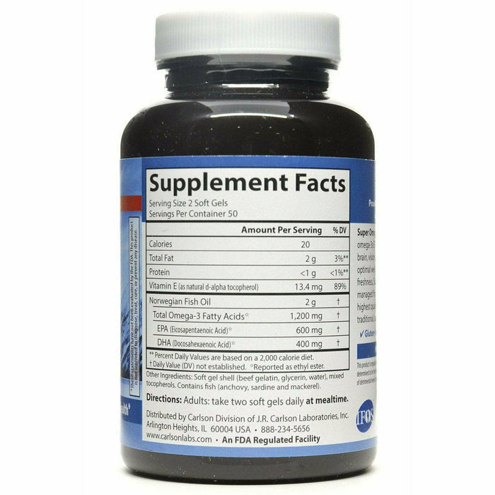 Carlson Labs, Super Omega 3 Fish Oil 1200 mg 130 gels Supplement Facts