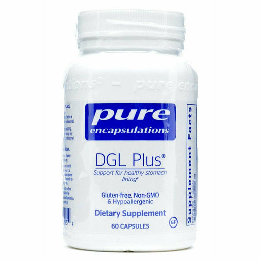 A bottle of Pure Encapsulations DGL Plus dietary supplement with 60 capsules, designed for healthy gastrointestinal function.